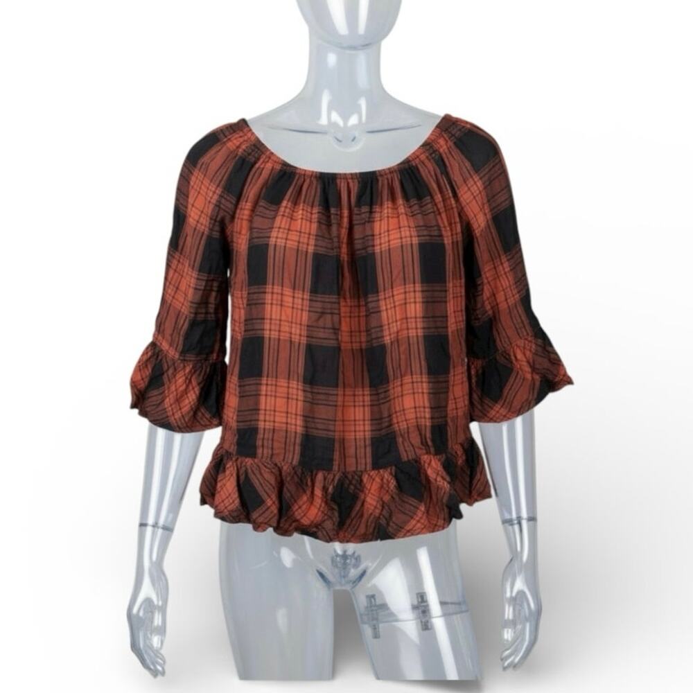 Beachlunchlounge Plaid Bell Sleeve Ruffle Top S/P Small Petite Boho Fall Rust - Picture 4 of 7
